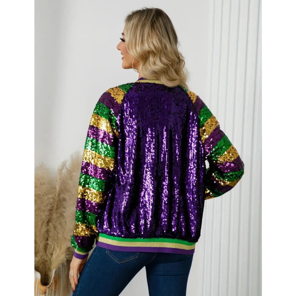 Mardi Gras Sequin Purple Bomber Jacket with Purple, Green, Gold Striped Sleeves - Picture 2 of 8